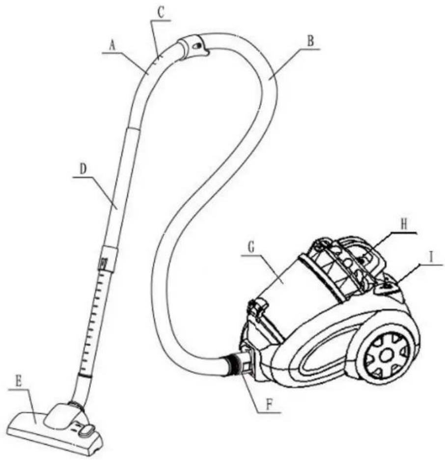 Technical diagram of a vacuum cleaner with labeled parts A through H, including a close-up view of the device.