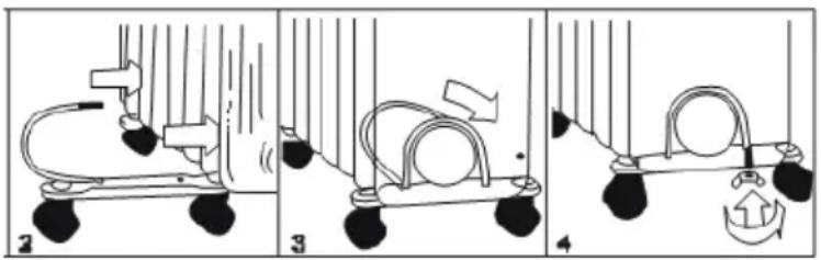 Diagram illustrating three sequential steps of a mechanical device with labeled components and motion indicators
