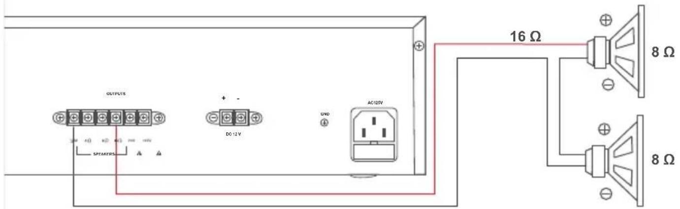 OUTPUTS + - DC-12V CND AC-12V 16 Ω 8 Ω 8 Ω SPEAKERS A A