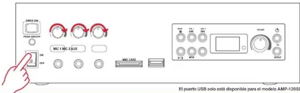 SIREN SW PUSH ON/OFF ON OFF MIC 1 MIC 2 AUX MMC CARD STOP VOL- VOL+ VOLT SC MXC REPEAT El puerto USB solo está disponible para el modelo AMP-120SD