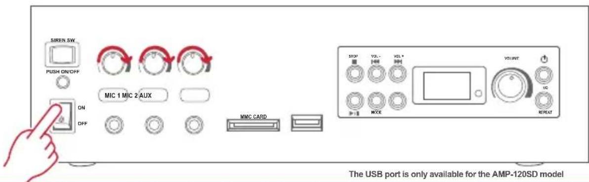 SIREN SW PUSH ON/OFF ON OFF MIC 1 MIC 2 AUX MMC CARD STOP VOL- VOL+ VOLT SC WXCE REPEAT The USB port is only available for the AMP-120SD model