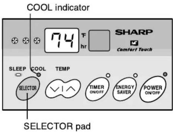 COOL indicator 74°F hr SHARP Comfort Touch SLEEP COOL TEMP SELECTOR TIMER ON/OFF ENERGY SAVER POWER ON/OFF SELECTOR pad