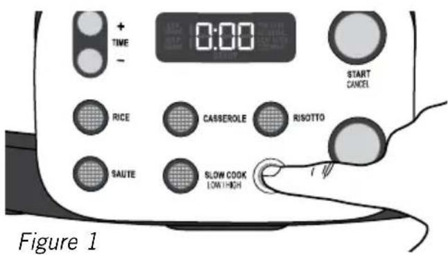 + TIME - 0:00 START CANCEL RICE CASSEROLE RISOTTO SAUTE SLOW COOK LOW THICK Figure 1