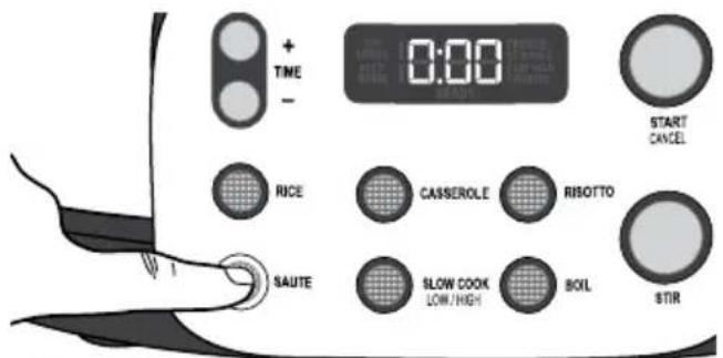 + TIME - 0:00 RICE CASSEROLE RISOTTO SAUTE SLOW COOK LOW/HIGH BOIL START CANCEL STIR
