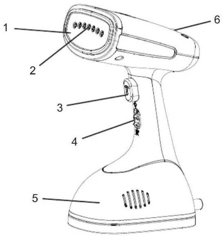 Labeled diagram of a portable electric shaver with numbered parts for identification