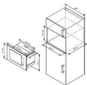 Technical drawing of a microwave oven with dimensional annotations in millimeters