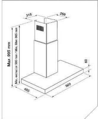 Max 995 mm Min. extractor 500 mm / Min. filter 665 mm 485 318 259 60 900