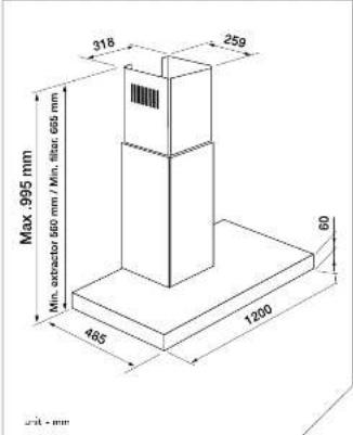 Max. 995 mm Min. attractor 560 mm / Min. filter. GDS mm 485 1200 318 259 60 Unit - mm