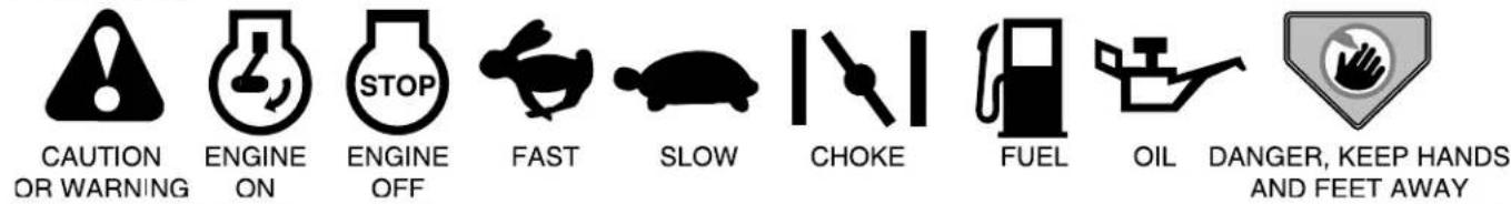 CAUTION OR WARNING ENGINE ON ENGINE OFF STOP FAST SLOW CHOKE FUEL OIL DANGER, KEEP HANDS AND FEET AWAY
