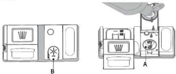 Technical diagram showing two labeled views (A and B) of a refrigerator interior with compartments, fixtures, and a hand holding a bag.