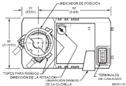 INDICADOR DE POSICIÓN 22 (57/64) 92 (3-5/6) 66 (2-19/32) TOPES PARA RANGOS DIRECCIÓN DE LA ROTACIÓN LIBERACIÓN MANUAL DE LA CUCHILLA TERMINALES DE CABLEADO ME3121A
