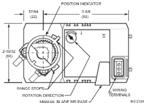 POSITION INDICATOR 57/64 (22) 3-5/8 (92) 2-19/32 (65) i RANGE STOPS ROTATION DIRECTION MANUAL BLADE RELEASE WIRING TERMINALS M3121A