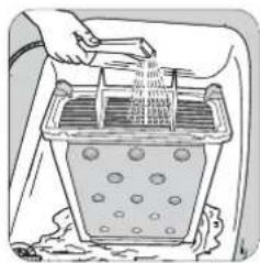 Illustration of hands cleaning a container with a tray and lid (no text or symbols visible)