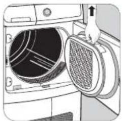 Illustration of a hand opening a washing machine with a mesh cover (no text or symbols visible)