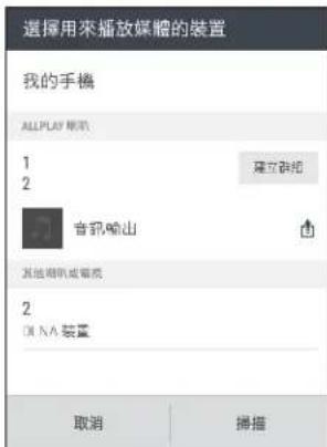 選擇用來播放媒體的裝置 我的手機 ALLPLAY 覆訊 1 2 音訊輸出 其他傳播或複版 2 DNA 裝置 取消 掃描