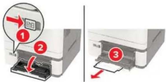Diagram showing printer printing process with labeled steps 1, 2, and 3 indicating paper handling and print output.