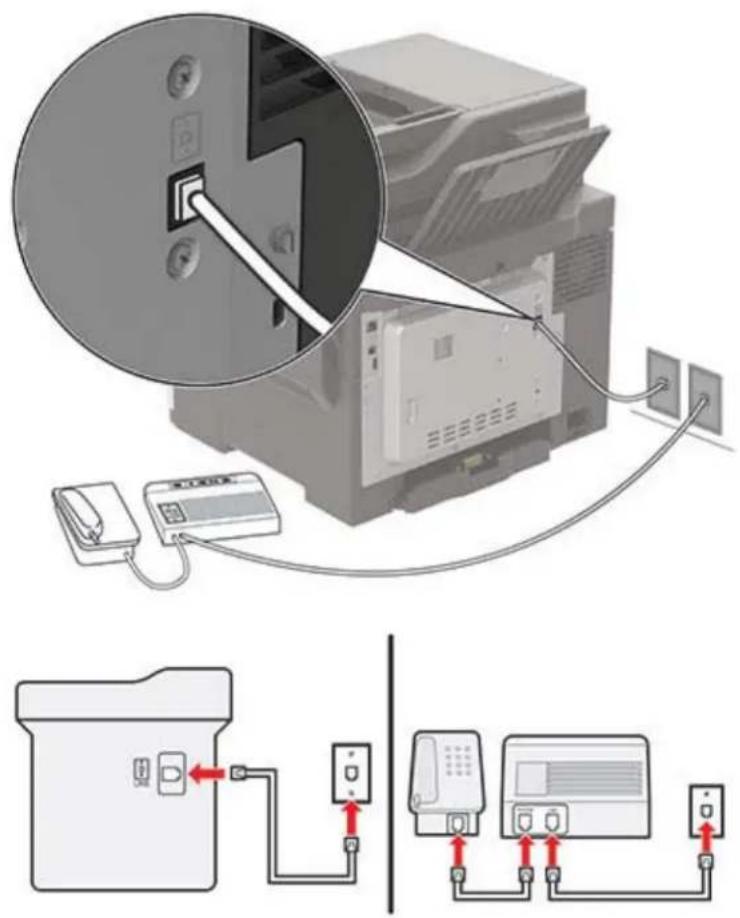 Diagram illustrating computer setup with connected devices and a close-up of a printer's cable connection, showing ports and wiring.