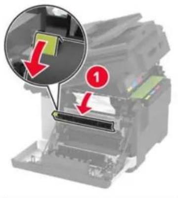 Diagram showing a printer's internal structure with red arrows indicating process steps, labeled with number 1.