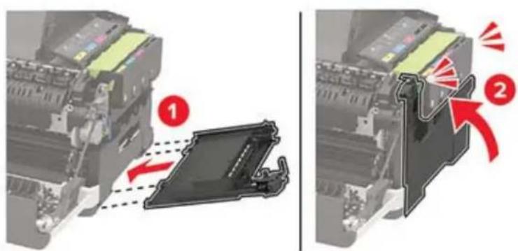 Technical diagram showing mechanical assembly with numbered components and red directional arrows indicating motion or movement.