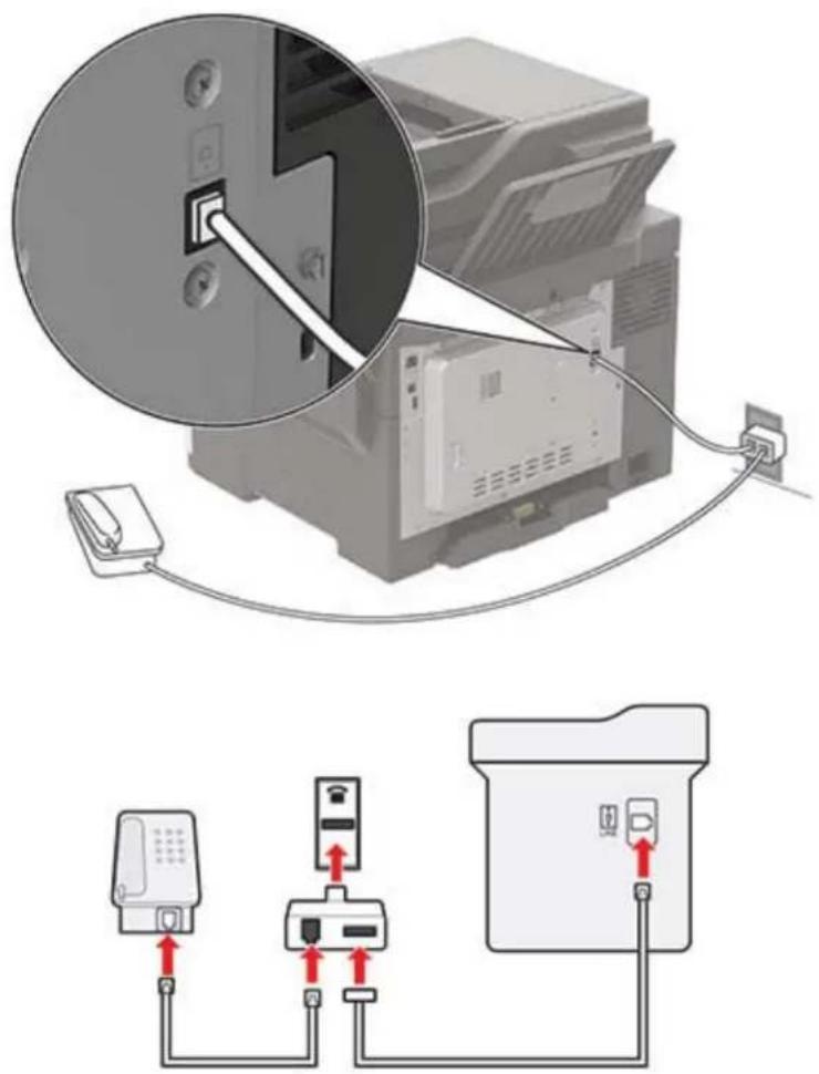 Diagram showing printer connection to a folder with cable and device, including a magnified view of the printer's internal structure.