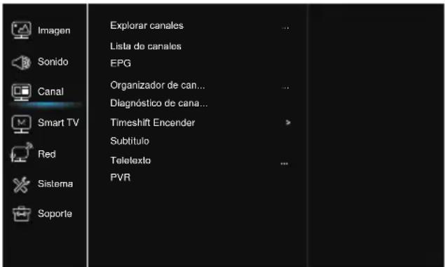 Imagen Sonido Canal Smart TV Red Sistema Soporte Explorar canales Lista de canales EPG Organizador de can... Diagnóstico de cana... Timeshift Encender Subtítulo Teletexto PVR