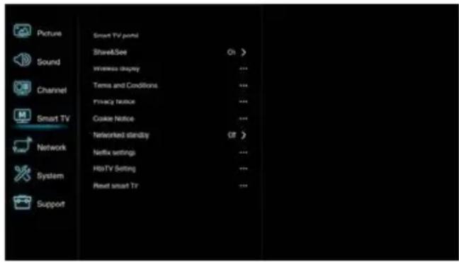 Picture Sound Channel Smart TV Network System Support Smart TV portal Share&See Wireless display Terms and Conditions Privacy Notice Cookie Notice Networked standby Netflix settings HipTV Setting Reset smart TV