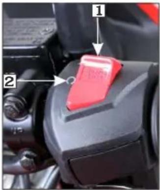 Close-up of a motorcycle seatbelt with numbered labels pointing to specific components