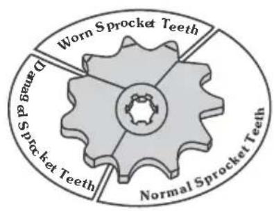 Worn Sprocket Teeth Normal Sprocket Teeth D arranged Sprocket Teeth Normal Sprocket Teeth