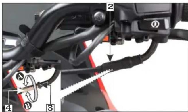 Technical diagram of a motorcycle's side-mounted gear system with labeled components and motion arrows