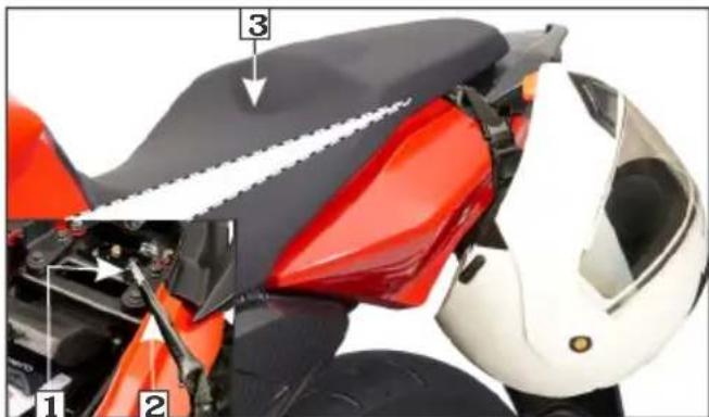 Labeled diagram of a motorcycle seat assembly showing parts numbered 1, 2, and 3 with annotations for mechanical components.