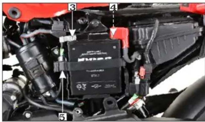 Labeled mechanical component diagram showing engine, battery, and wiring with numbered parts