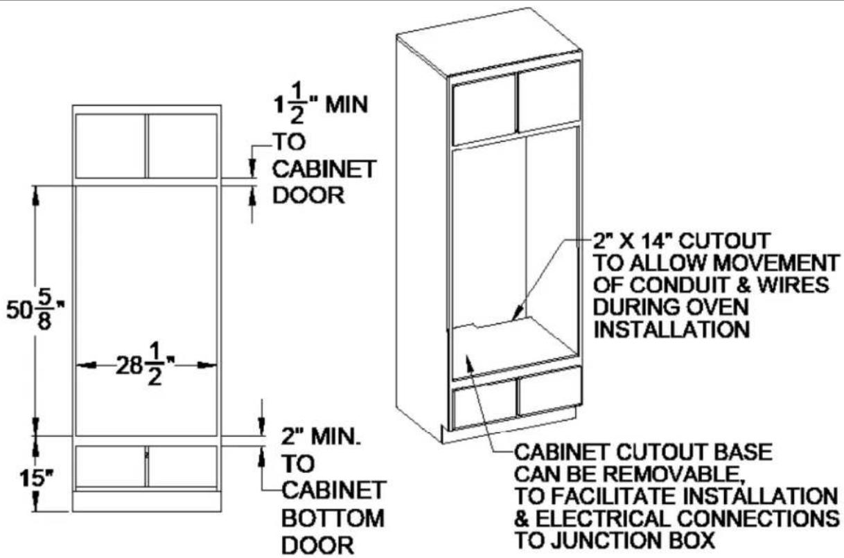 1½" MIN TO CABINET DOOR 50 5/8" 28 ½" 15" 2" MIN. TO CABINET BOTTOM DOOR 2" X 14" CUTOUT TO ALLOW MOVEMENT OF CONDUIT & WIRES DURING OVEN INSTALLATION CABINET CUTOUT BASE CAN BE REMOVABLE, TO FACILITATE INSTALLATION & ELECTRICAL CONNECTIONS TO JUNCTION BOX