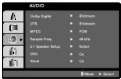 AUDIO Dsub Digital UTS MPED Sample Prog. 2.1 Speaker Setup DPC Vocal Bitstream Bitstream PCM 3K Mhz Select On On None Select