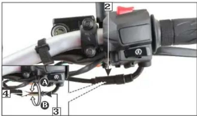 Diagram of a bicycle steering wheel with labeled parts and directional arrows indicating rotation or movement.