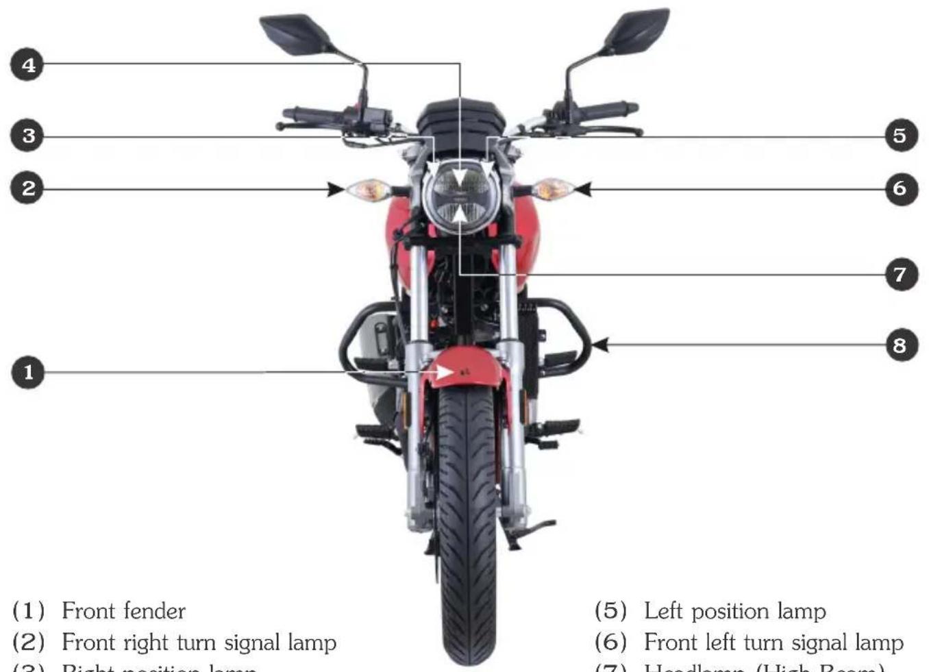 (1) Front fender (2) Front right turn signal lamp (3) Right position lamp (4) 5 6 7 8 (5) Left position lamp (6) Front left turn signal lamp (7) Headlamp (High Beam)