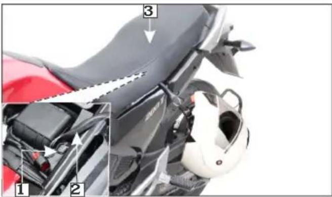 Labeled diagram of a motorcycle interior showing parts numbered 1, 2, and 3 with annotations for mechanical components.