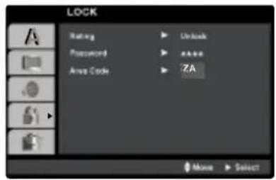 LOCK Rating Password Area Code Unlock ZA Move Select