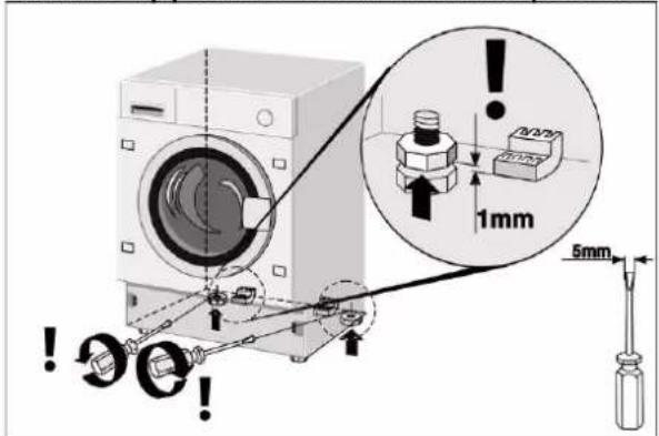 Diagram illustrating washing machine operation with labeled dimensions and warning symbols