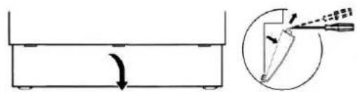 Diagram showing a container with a curved arrow indicating direction, alongside an inset diagram illustrating a tool interacting with a wedge-shaped object.