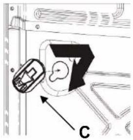 Diagram showing a device with labeled component 'C' and directional arrow, likely illustrating a mechanical or electrical assembly.
