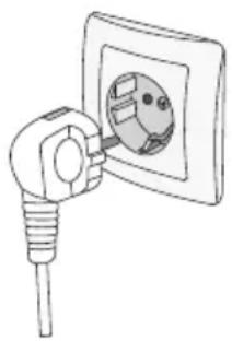 Line drawing of an electrical outlet with a plug inserted, no text or symbols.
