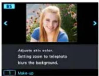 Adjusts skin color. Setting zoom to telephoto biurs the background. Make-up