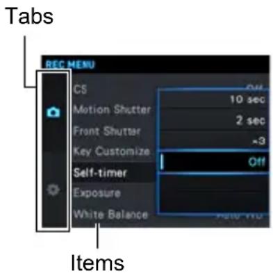 Tabs REC MENU CS Motion Shutter Front Shutter Key Customize Self-timer Exposure White Balance Off 10 sec 2 sec ×3 Off Items