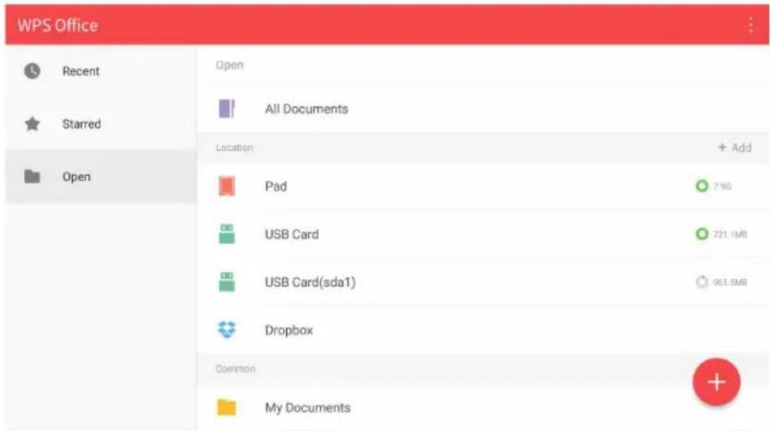 WPS Office Recent Starred Open All Documents Location + Add Pad 7.96 USB Card 721.1MB USB Card(sda1) 961.5MB Dropbox Common My Documents