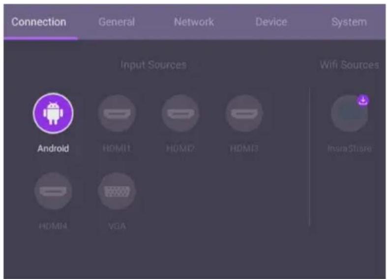 Connection General Network Device System Input Sources Android HOM11 HOM2 HOM3 Wifi Sources InsuraShare HOM14 VGA
