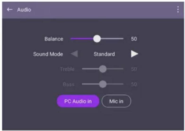 Audio Balance 50 Sound Mode Standard Treble 50 Bass 50 PC Audio in Mic in