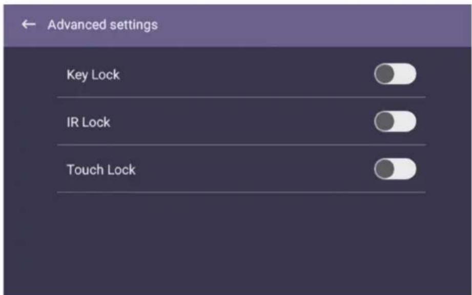 Advanced settings Key Lock IR Lock Touch Lock