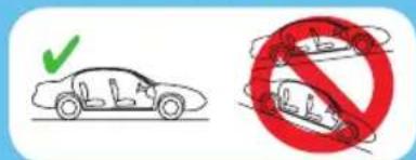 Diagram showing car safety symbols: one with a green checkmark and another with a red prohibition sign.
