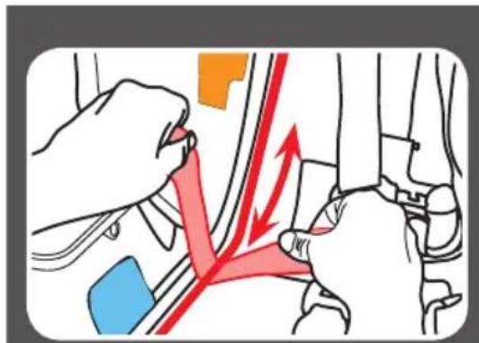 Diagram illustrating car seatbelting technique with red arrows indicating movement or force direction
