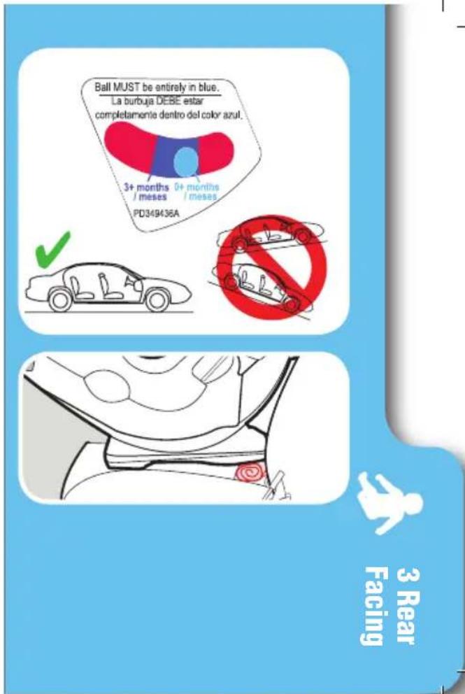 Ball MUST be entirely in blue. La burbuja DEBE estar completamente dentro del color azul. 3+ months 0+ months / meses / meses PD349436A ✓ No Dred Car Stopper 3 Rear Facing
